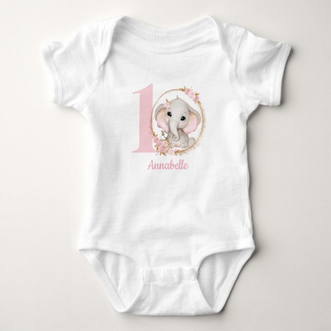 Niedlich Elephant Pink Blume Girl Baby Strampler (Vorderseite)