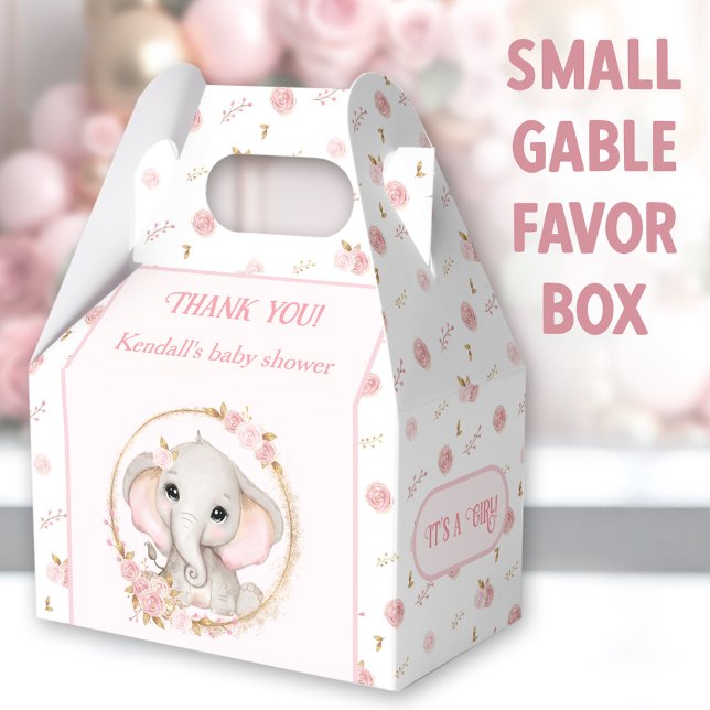 Niedlich Elephant Pink Blume Kinderdusche Geschenkschachtel (Cute Elephant Small Gable Favor Boxes - You can choose from 3 sizes of these gable favor boxes)