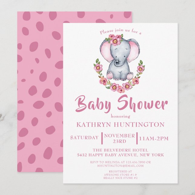 Niedlich Elephant Pink Floral Baby Dusche Einladung (Vorne/Hinten)