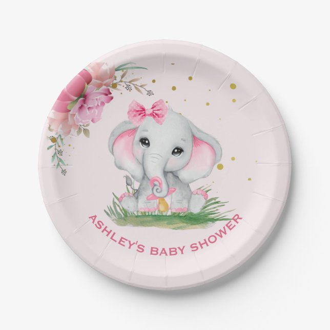 Niedlich Elephant Pink Floral Baby Dusche Pappteller (Vorderseite)