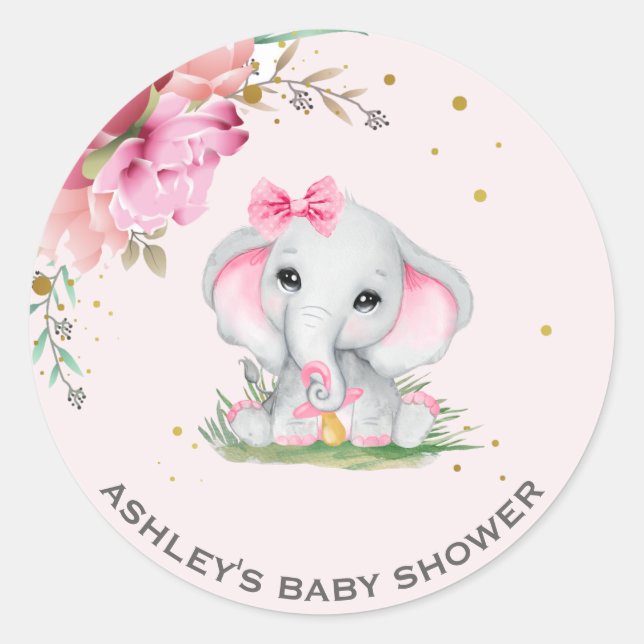 Niedlich Elephant Pink Floral Baby Dusche Runder Aufkleber (Vorderseite)