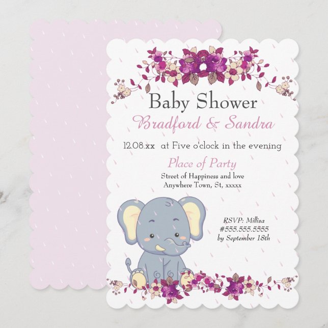 Niedlich Elephant Pink Floral Regentropfen Kinderd Einladung (Vorne/Hinten)