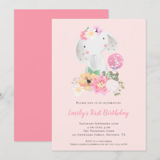Niedlich Elephant Pink Girl 1. Geburtstag Einladung