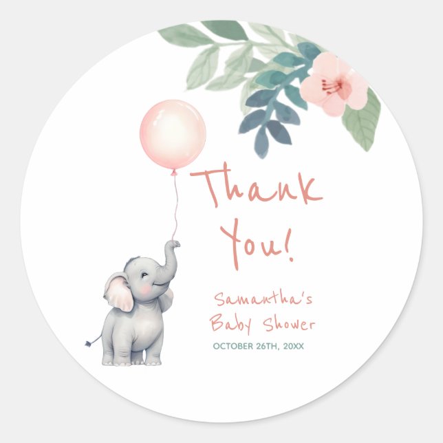 Niedlich Elephant Pink Girl Baby Dusche Vielen Dan Runder Aufkleber (Vorderseite)