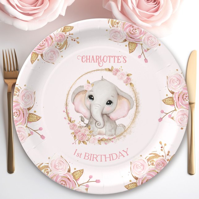 Niedlich Elephant Pink Girl Floral Rose 1. Geburts Pappteller (Cute Elephant Pink Girl Floral Roses 1st Birthday Paper Plates)