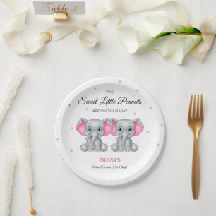 Niedlich Elephant Pink Twin Girls Baby Dusche Pappteller