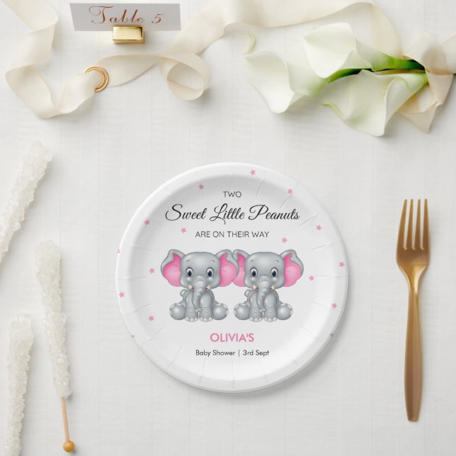 Niedlich Elephant Pink Twin Girls Baby Dusche Pappteller (Hochzeit)