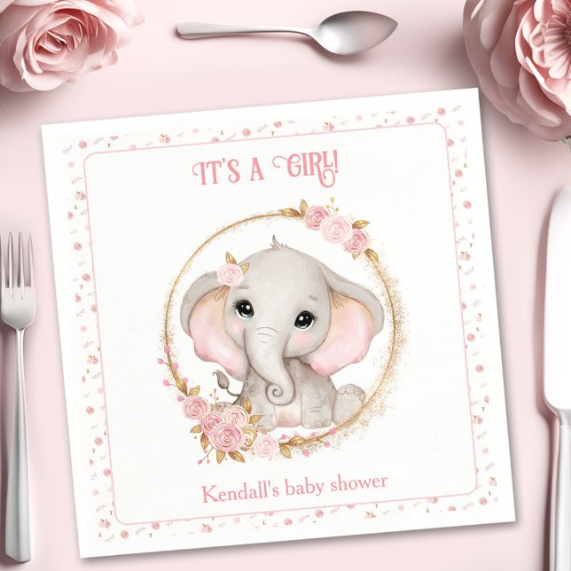 Niedlich Elephant Pink White Floral Baby Dusche Serviette (Cute Elephant Pink White Floral Baby Shower Napkins)