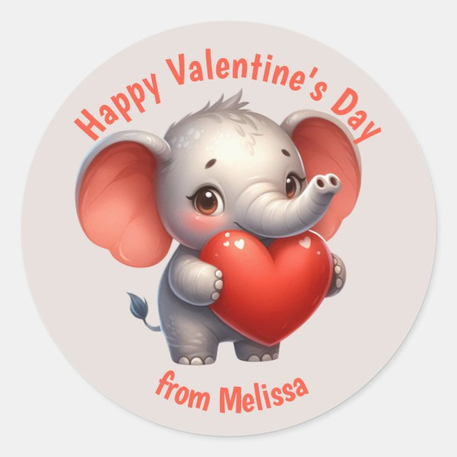 Niedlich Elephant Red Heart Valentine Runder Aufkleber (Vorderseite)