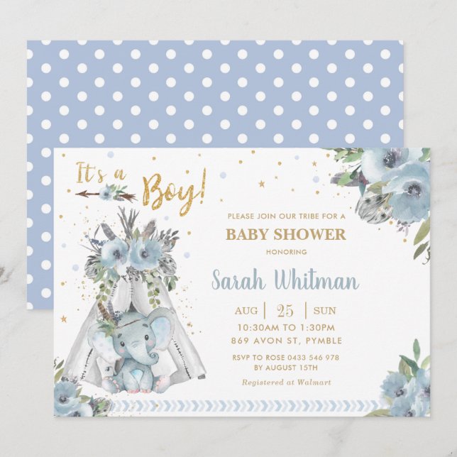 Niedlich Elephant Tribal Blue Gold Boy Baby Dusche Einladung (Vorne/Hinten)
