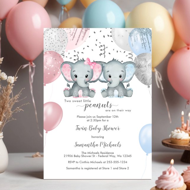 Niedlich Elephant Twin Balloon Babydusche Einladung (Cute Elephant Twin Balloon Baby Shower Invitation)