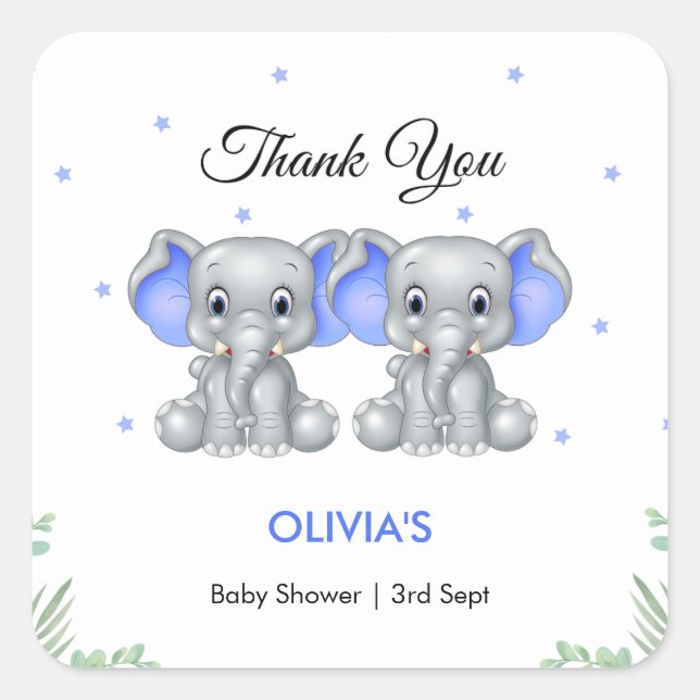 Niedlich Elephant Twin Boys Babydusche Danke Quadratischer Aufkleber (Vorderseite)