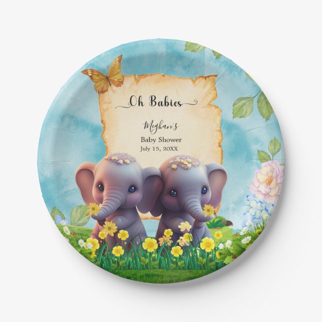 Niedlich Elephant Twins Baby Dusche Blue Floral Cu Pappteller (Vorderseite)
