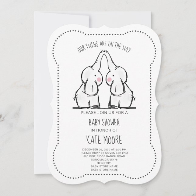 Niedlich Elephant Twins Baby Dusche Einladung (Vorderseite)
