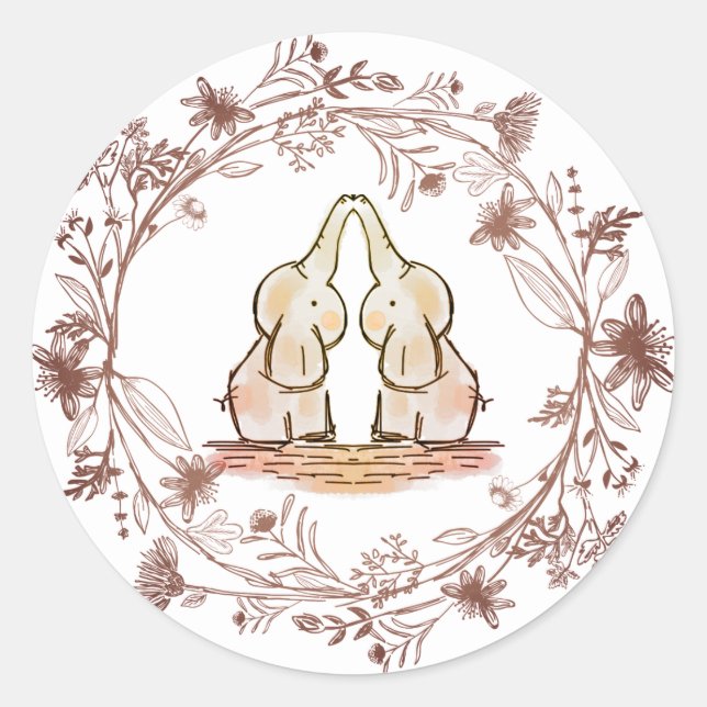 Niedlich Elephant Twins Baby Dusche Runder Aufkleber (Vorderseite)