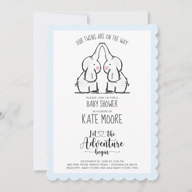 Niedlich Elephant Twins Baby Shower Blue Baby Boy Einladung (Vorderseite)