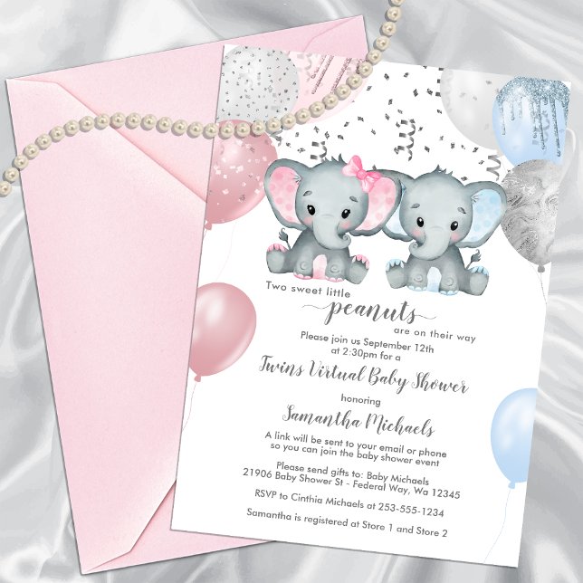 Niedlich Elephant Twins Balloon Virtual Baby Dusch Einladung (Cute Elephant Twins Balloon Virtual Baby Shower Invitation)