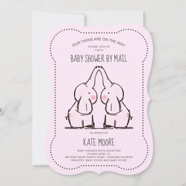 Niedlich Elephant Twins Pink Girl Baby Dusche per  Einladung (Vorderseite)