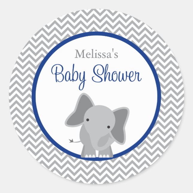 Niedlich Elephant Zickzack Navy Blue Baby Dusche Runder Aufkleber (Vorderseite)