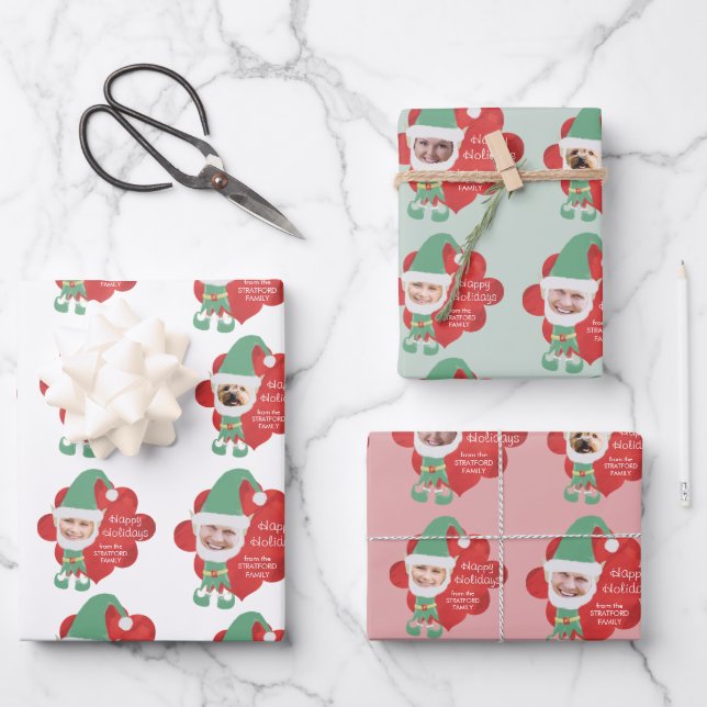 Niedlich Elf Familie 4 Foto Personalisiert Gruß Geschenkpapier Set (Vorderseite)