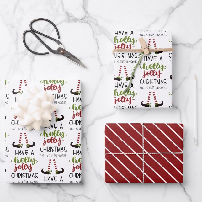 Niedlich Elf Holly Jolly Weihnachten Personalisier Geschenkpapier Set (Vorderseite)