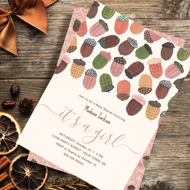 Niedlich Fall Pink Acorns Mädchen Dusche Party Einladung (Cute Fall Pink Acorns girl Baby shower Party Invitation)