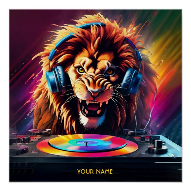 Niedlich Fantasy Lion DJ Vinyl Poster (Vorderseite)