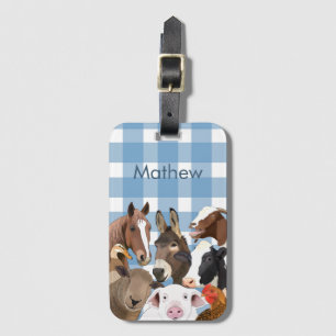 Niedlich Farm Animal Portrait Gingham Karo - Blau Gepäckanhänger