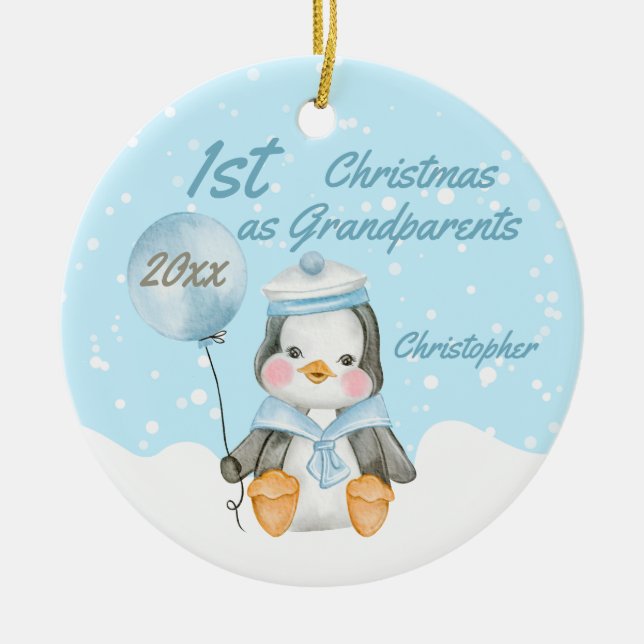 Niedlich First Christmas Baby Penguin Großeltern Keramik Ornament (Vorne)