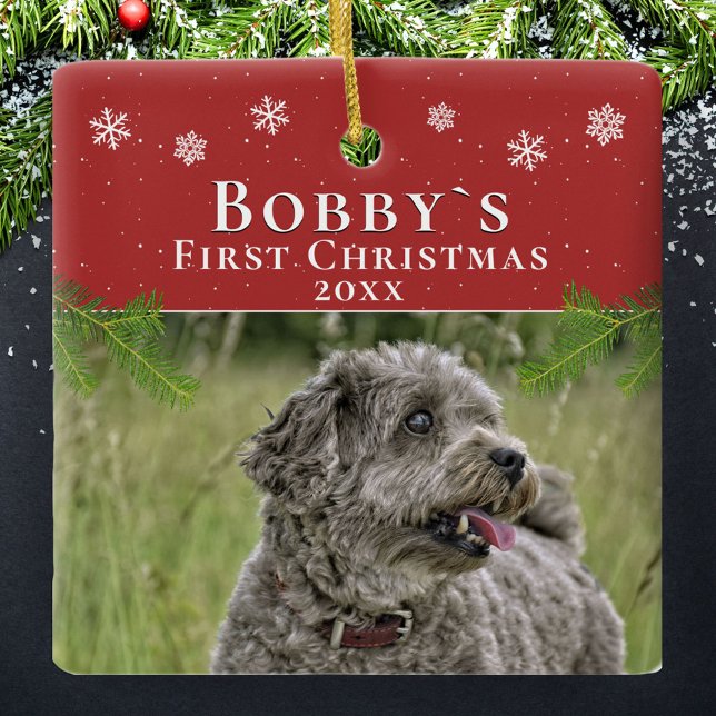 Niedlich First Christmas Welppy Red Christmas Foto Keramikornament (Von Creator hochgeladen)