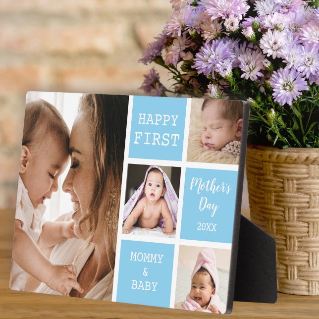 Niedlich First Mother's Day Blue 4 Foto Collage Fotoplatte (Cute First Mother's Day Blue 4 Photo Collage Plaque
)