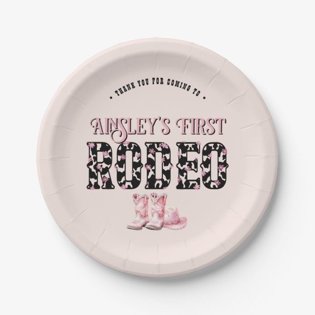 Niedlich First Rodeo Rosa Personalisiert 1. Geburt Pappteller (Vorderseite)