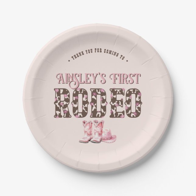 Niedlich First Rodeo Rosa Personalisiert 1. Geburt Pappteller (Vorderseite)