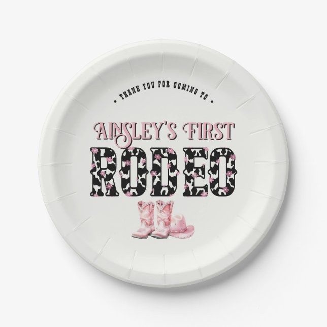 Niedlich First Rodeo Rosa Personalisiert 1. Geburt Pappteller (Vorderseite)