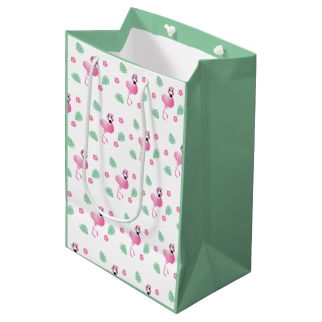 Niedlich Flamingo Tropical Blume Leaf Muster Green Mittlere Geschenktüte (Vorderseite Schrägansicht)