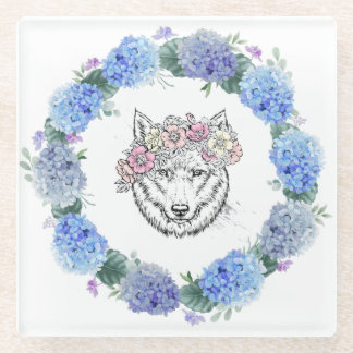 Niedlich Floral Blue Hydrangea Wolf Glass Unterset Glasuntersetzer