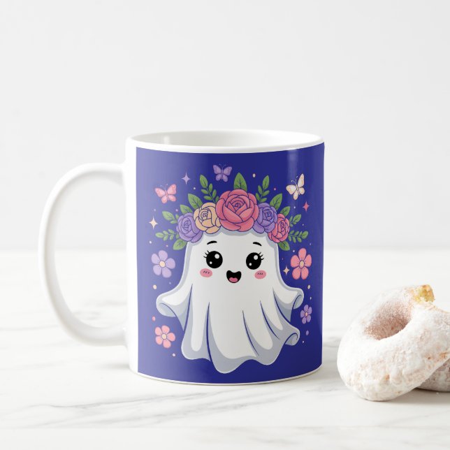 Niedlich Floral Ghost Kawaii Halloween Ghost Kaffeetasse (Mit Donut)