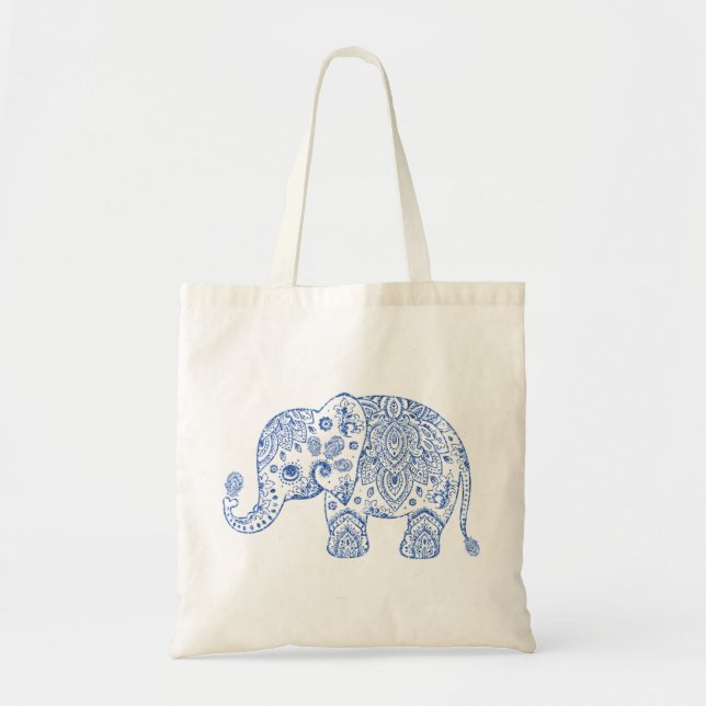Niedlich Floral Paisley Elephant Blue Glitzer Text Tragetasche (Vorne)