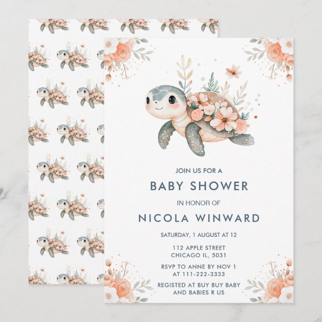 Niedlich Floral Turtle Baby Dusche Einladung (Vorne/Hinten)