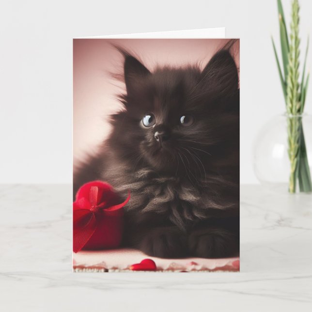 Niedlich Fluffy Black Valentine Kitten Karte (Vorderseite)