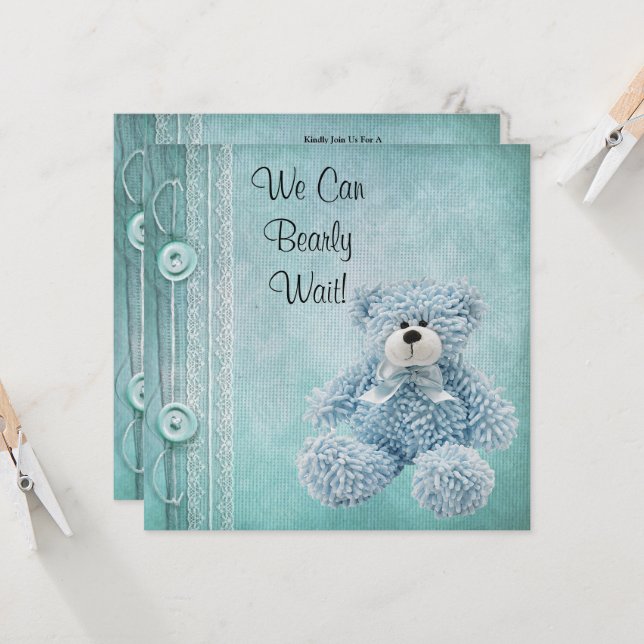 Niedlich Fluffy Blue Teddy Baby Dusche Einladung (Vorderseite/Rückseite Beispiel)