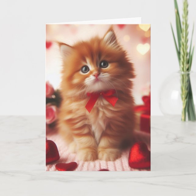 Niedlich Fluffy Ginger Valentine Kitten Karte (Vorderseite)