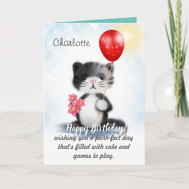 Niedlich Fluffy Kitten Art Happy Birthday Gedicht Karte (Vorderseite)