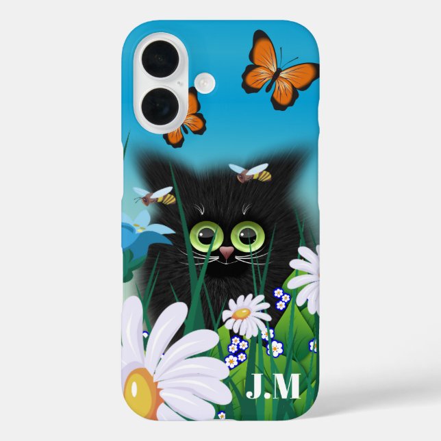 Niedlich Fluffy Kitten in Daisy Meadow Monogram iPhone 16 Hülle (Rückseite)