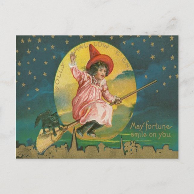 Niedlich Flying Hexe Schwarze Katze Vollmond Postkarte (Vorderseite)