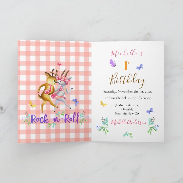 Niedlich Forest Deer Waltzing Red Gingham Party Einladung (Innenseite)