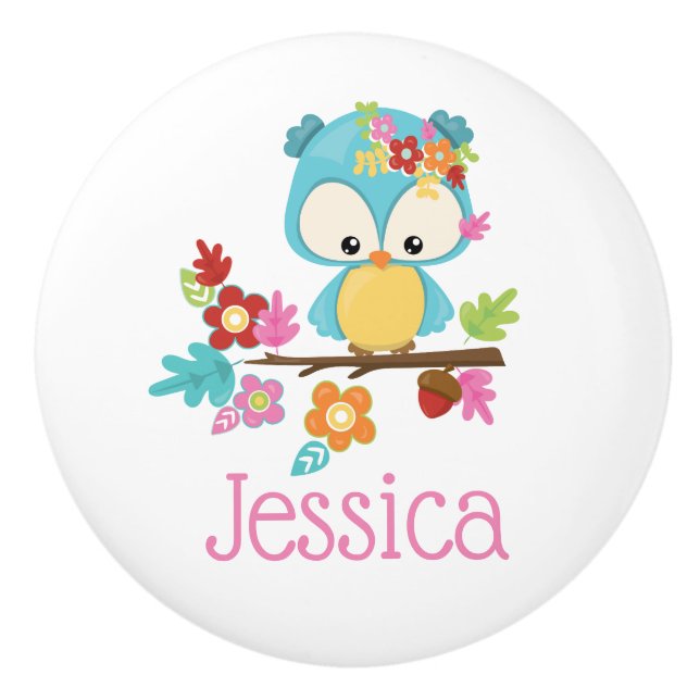 Niedlich Forest Owl Baby Girl Personalisiert Monog Keramikknauf (Vorderseite)