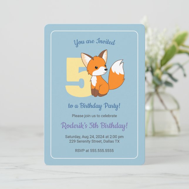 Niedlich Fox auf Blue Boys 5. Geburtstag Einladung (Stehend Vorderseite)