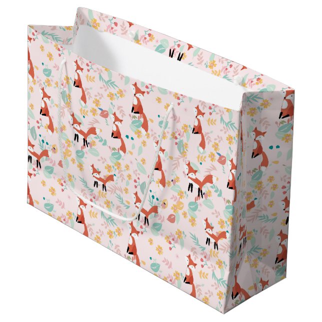 Niedlich Fox Blumenrosa Design Große Geschenktüte (Vorderseite Schrägansicht)