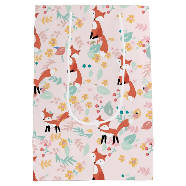 Niedlich Fox Blumenrosa Design Mittlere Geschenktüte (Rückseite)